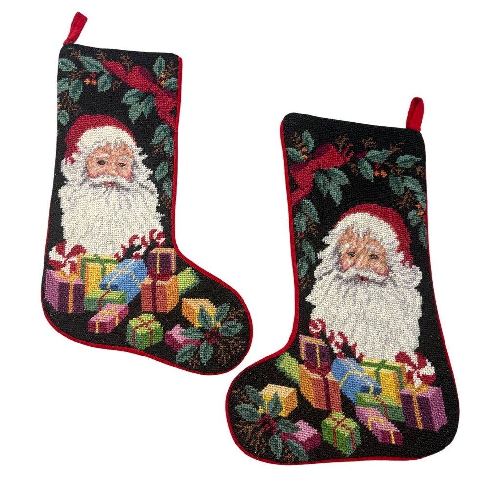 Vintage‎ Needlepoint Christmas Stockings Set of 2 Santa Claus Gifts Wool Classic